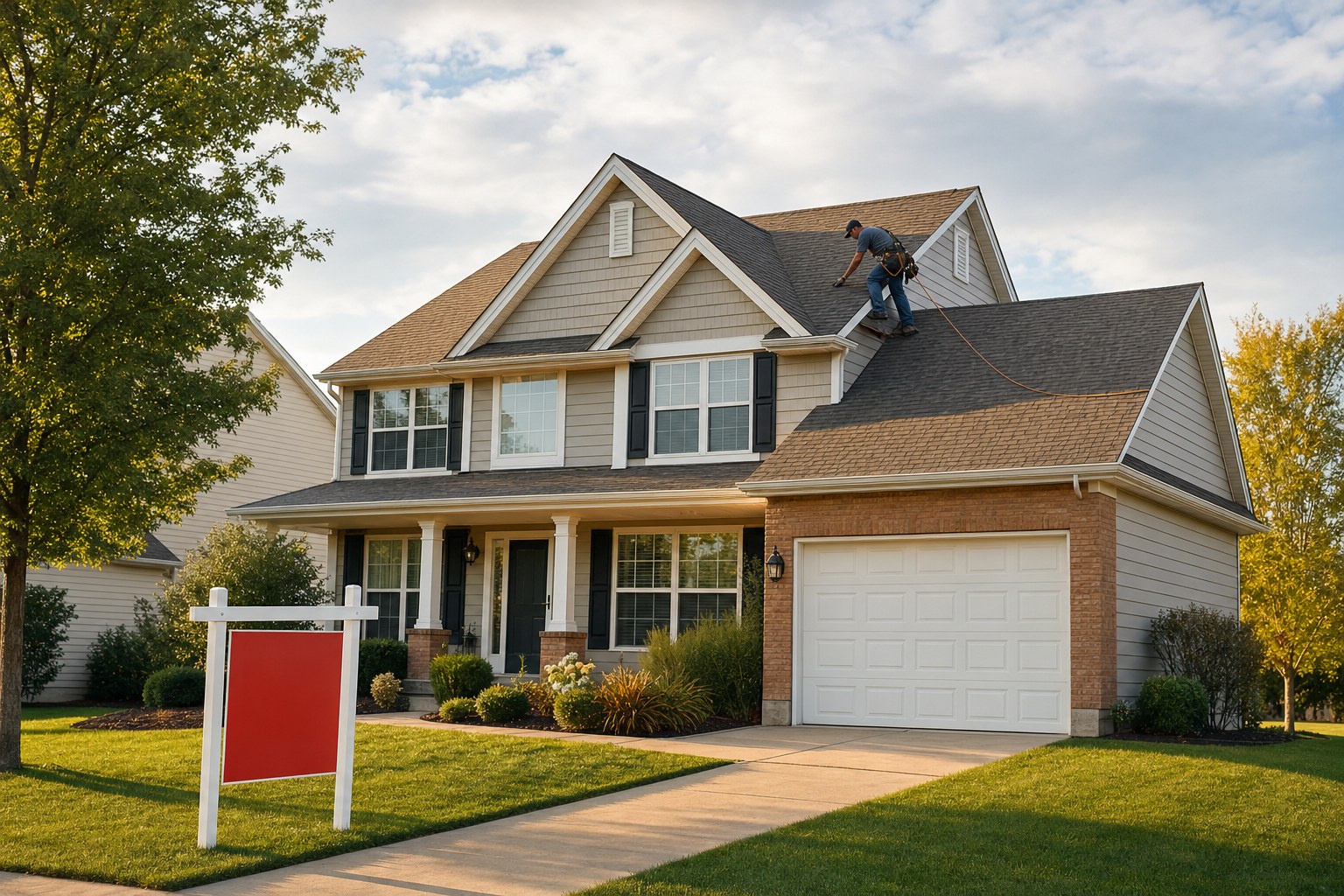 Two-story suburban home with a For Sale sign and a roofer at work