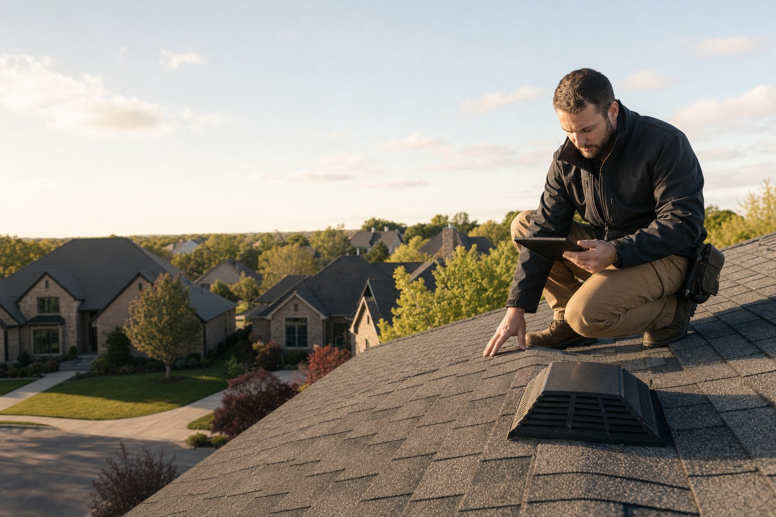 Roof inspector reviewing shingles and a roof vent above a suburban neighborhood