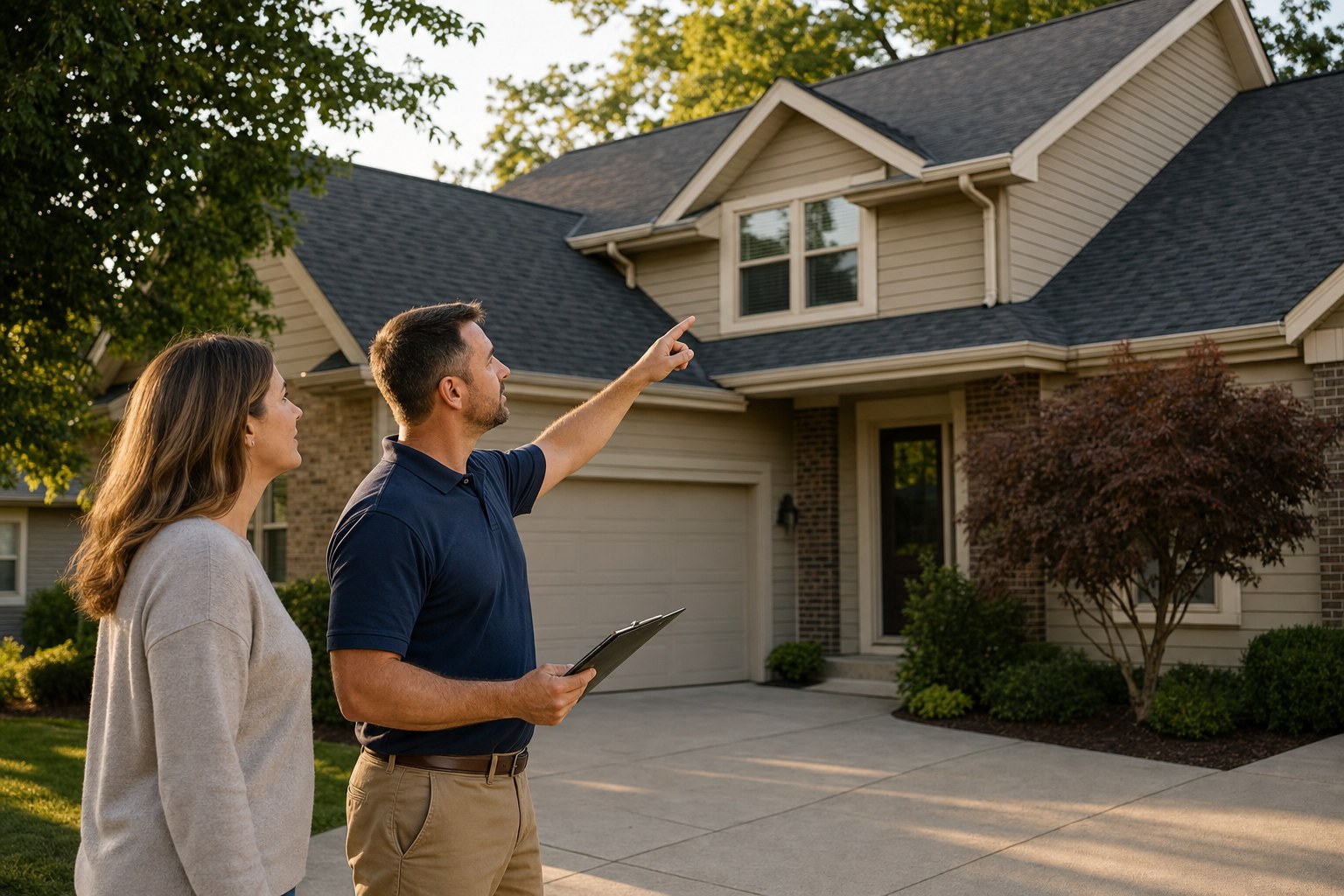 Homeowner and roof inspector discussing a roof from the driveway