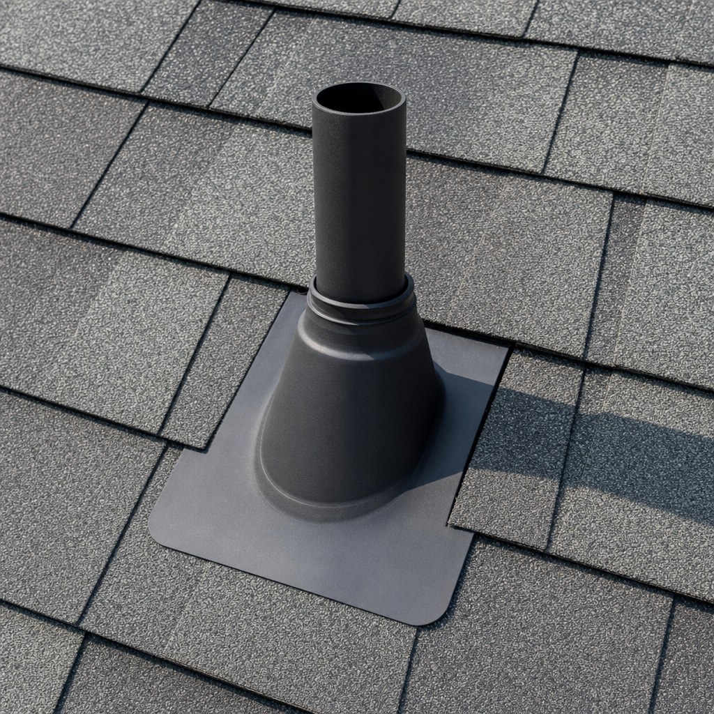 Close view of a roof pipe boot and flashing during inspection