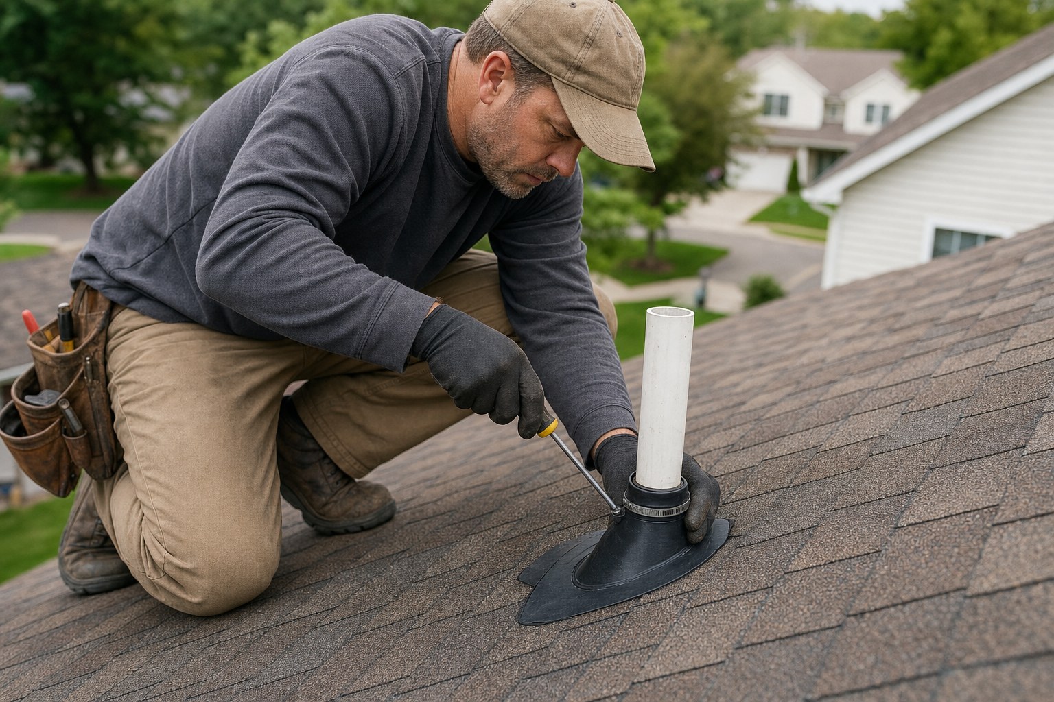 Roof repair crew member replacing a pipe boot on a shingle roof